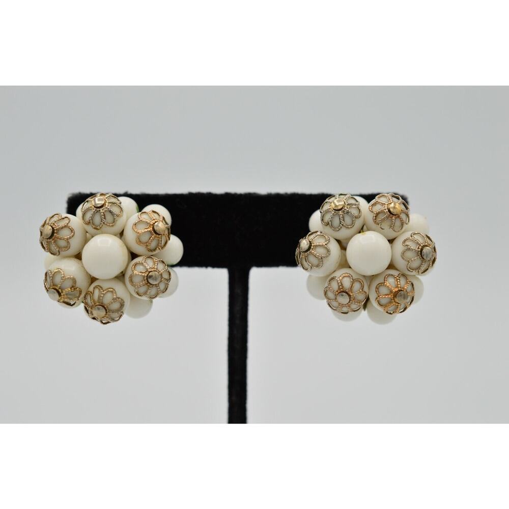 Beaujewels Vintage Clip Earrings White Beaded Cluster Silver Floral Signed 9G